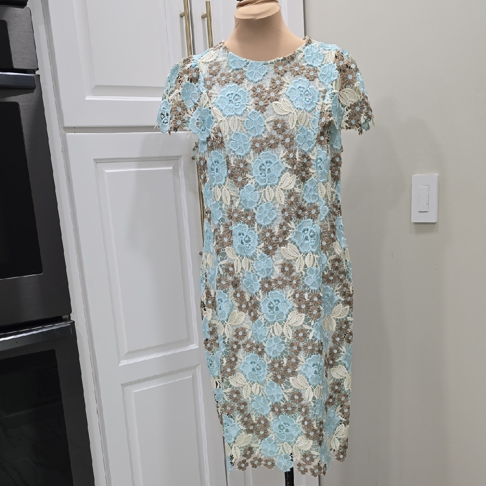 Calvin Klein Brown and Cream Sheath Dress with Flutter Sleeves